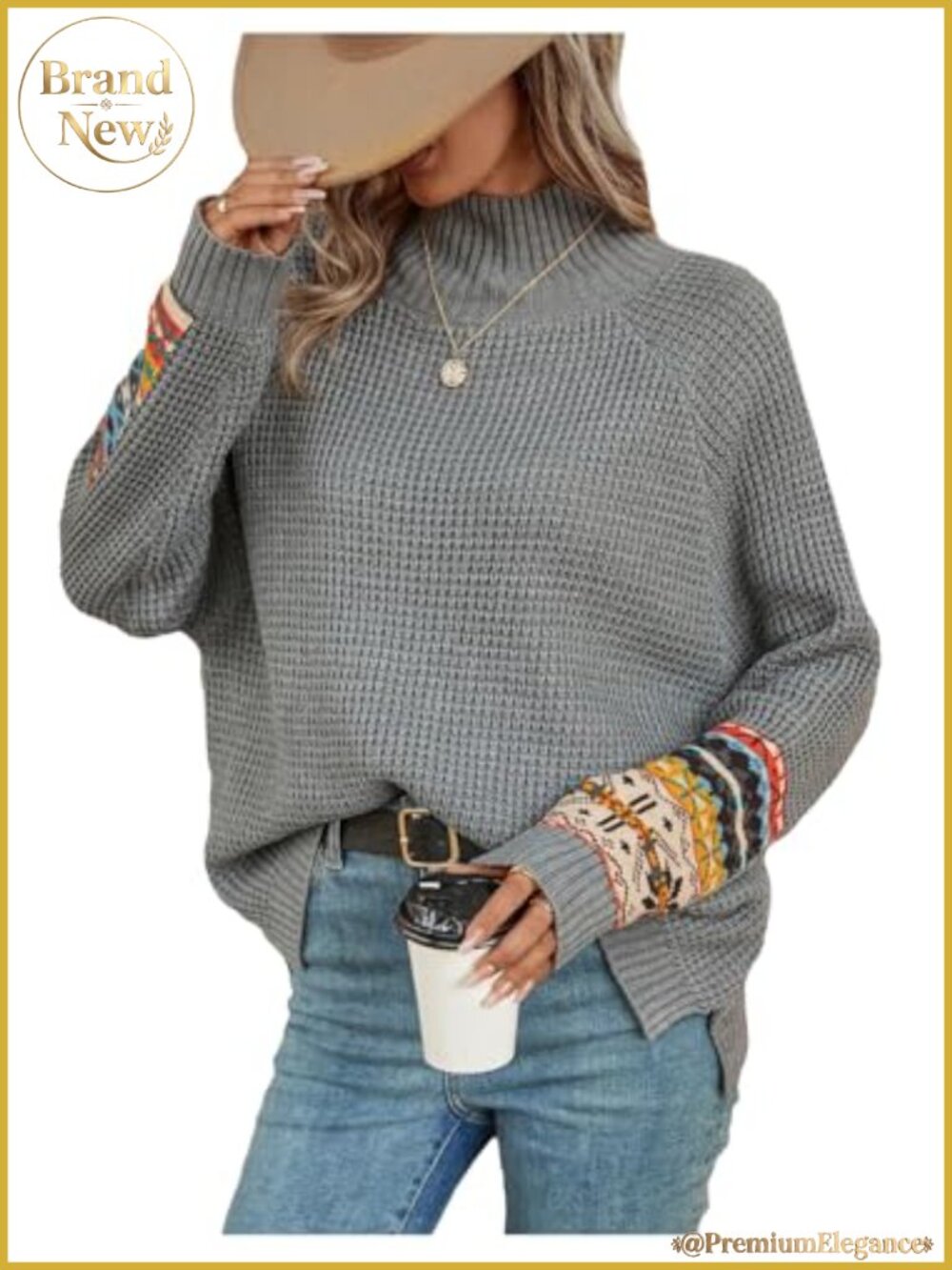 Waffle Knit Pullover Sweater Mock Neck Long Sleeve Top